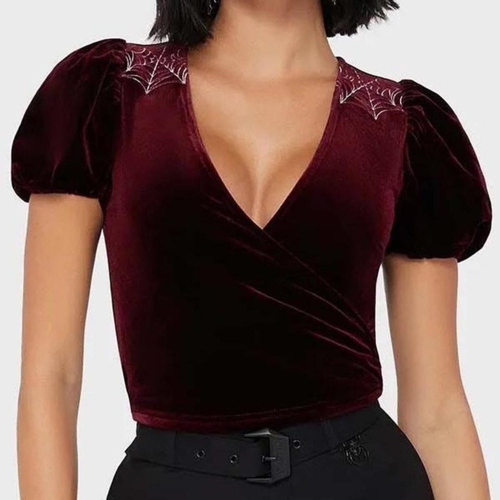 Killstar crimsom wrap top burgundy velvet‎ top spiderweb pinup rockabilly